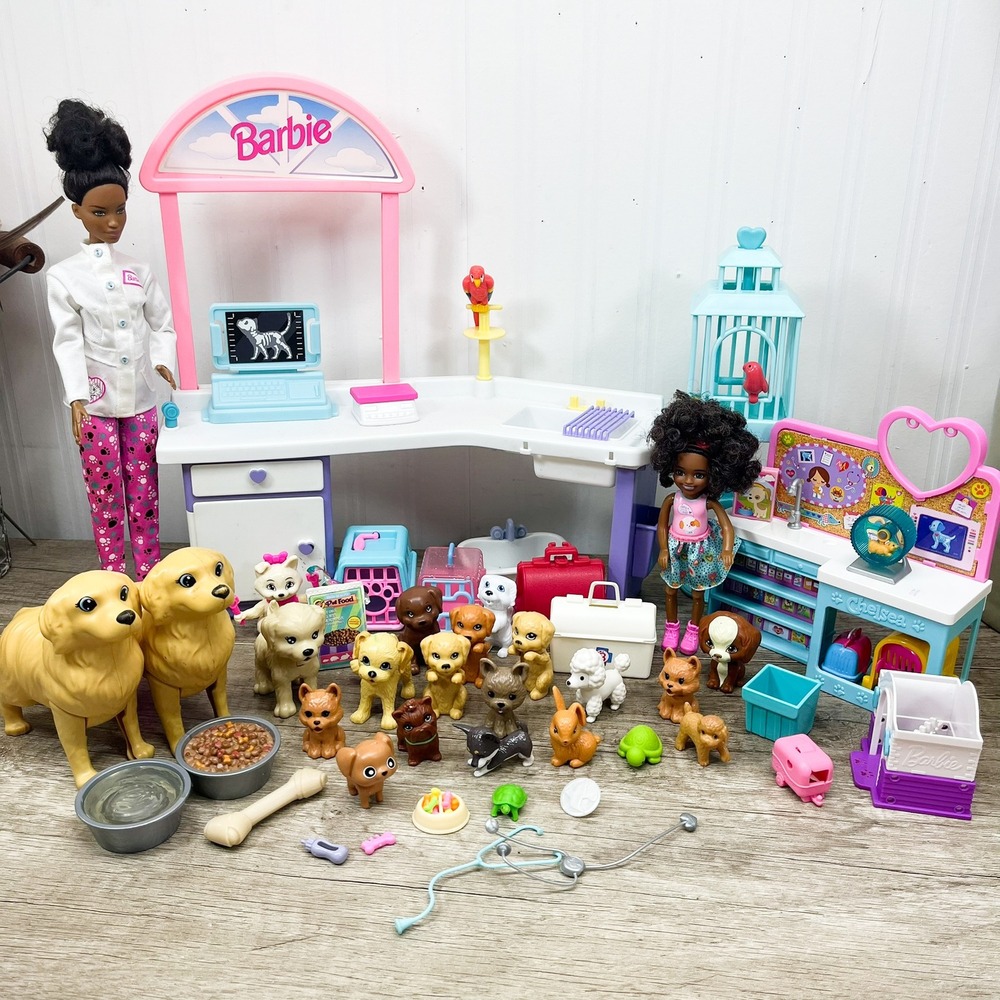 Barbie Chelsea Pet Vet Clinic Playset Lot Dolls Dogs Cats Animals Accessories